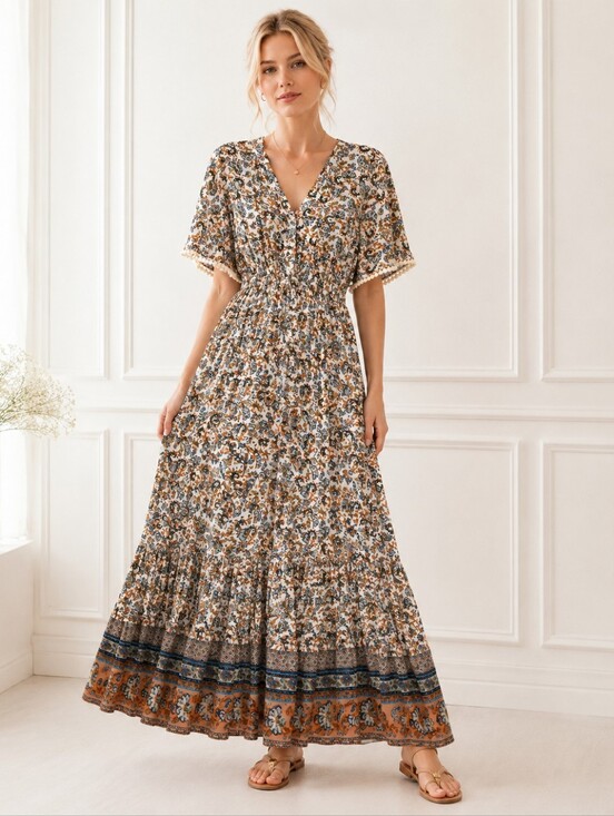 R. Vioimos Dresses & Skirts - R.Vivimos Boho Paisley Floral Maxi Dress Pom Pom Trim Size M